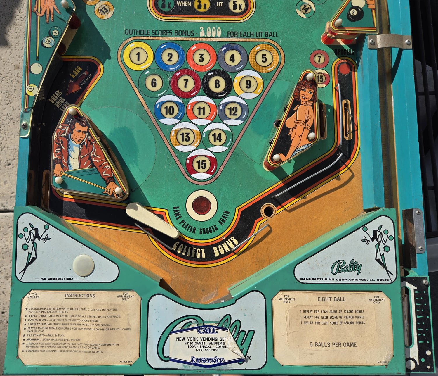 1977 Bally Eight Ball pinball populated playfield ONLY (97% Complete)