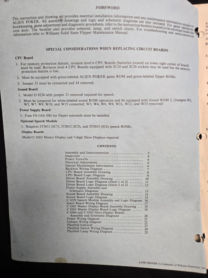 Original 1980 Williams Alien Poker Pinball Manual &amp; Schematics